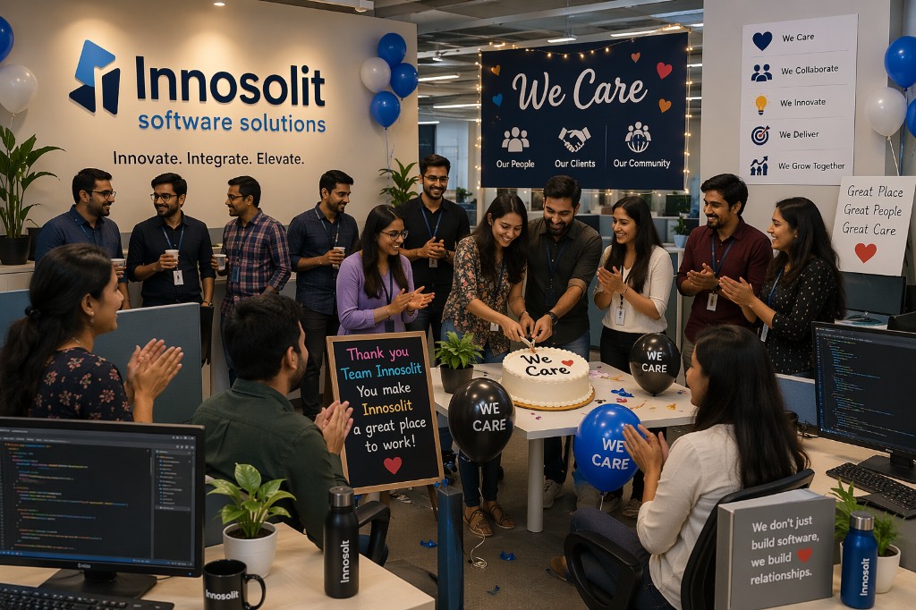 INNOSOLIT software solutions team celebrating together in the office with a We Care themed cake, balloons, and company values on display.