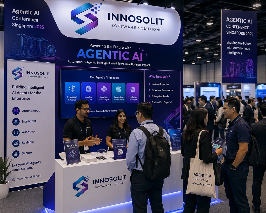INNOSOLIT Software Solutions exhibition booth at Agentic AI Conference Singapore 2025, with team members and branded displays.